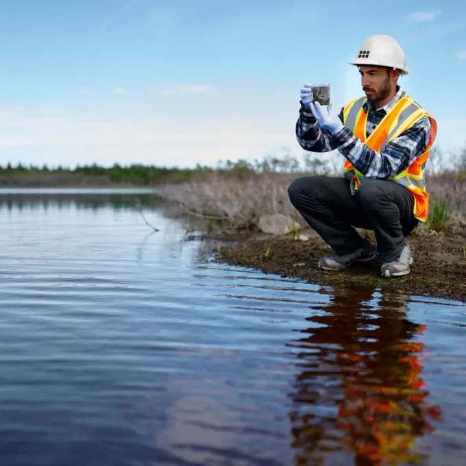 Environnement - Homme prélevant des échantillons dans une rivière peu profonde