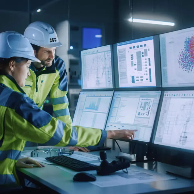 Technologies opérationnelles industrielles - Deux personnes regardant des écrans dans une salle de contrôle