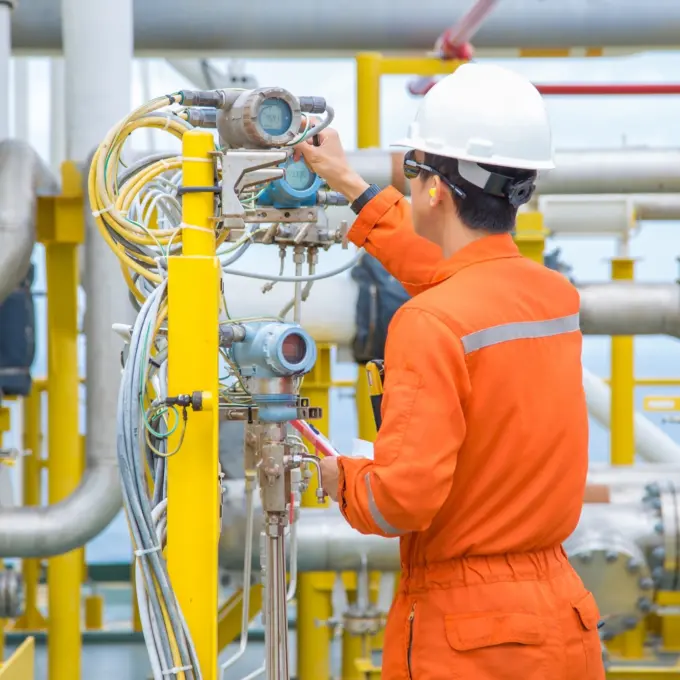 Workers checking a gauge