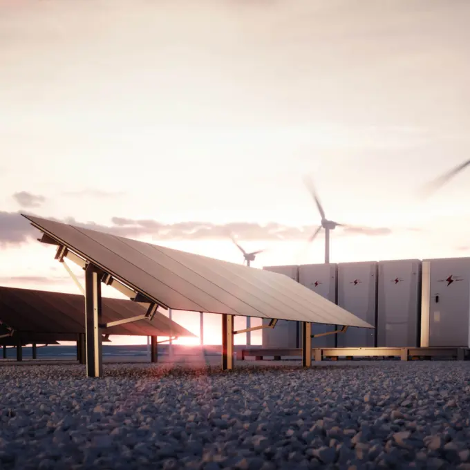 Power - Energy storage - Batteries with solar panels and wind turbines